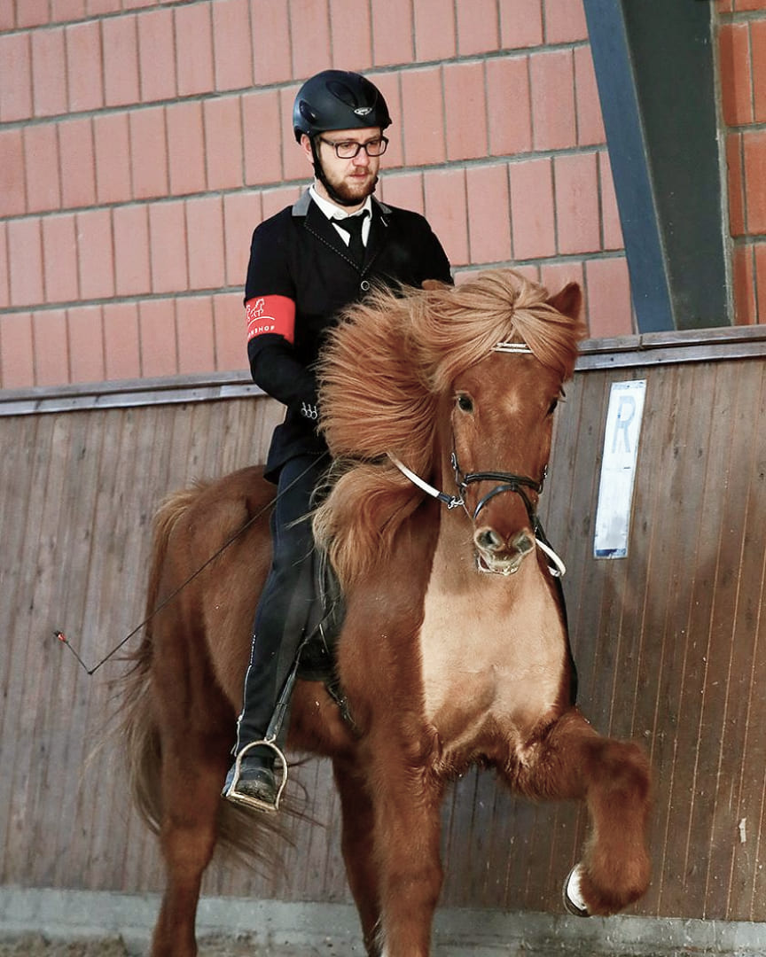 Ein Reiter in Turnierkleidung reitet ein fuchsfarbenes Islandpferd mit wehendem Langhaar in einer Reithalle.