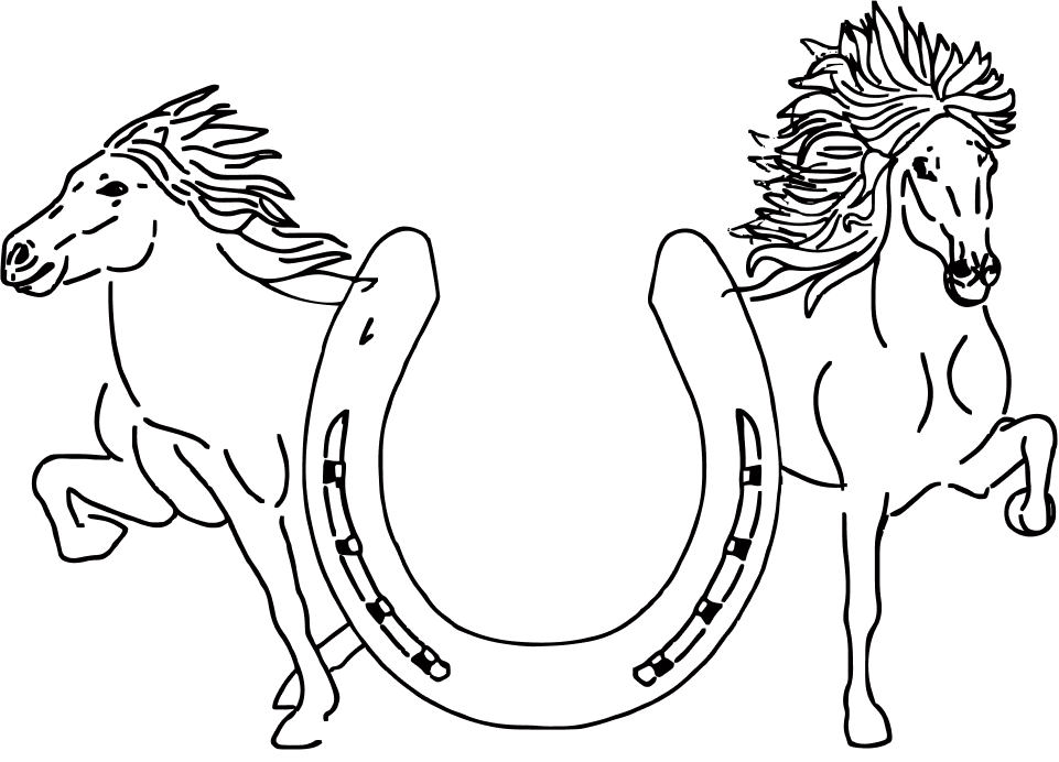 Das Bild zeigt eine stilisierte Zeichnung von zwei galoppierenden Pferden mit wehender Mähne, die links und rechts einer großen Hufeisen-Grafik positioniert sind. Die schwarze Kontur betont die Dynamik und Kraft der Pferde.